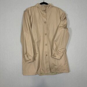 London Fog Vintage Tan Beige Button Front Jacket Faux Fur Lined Mock Neck 18.5 R